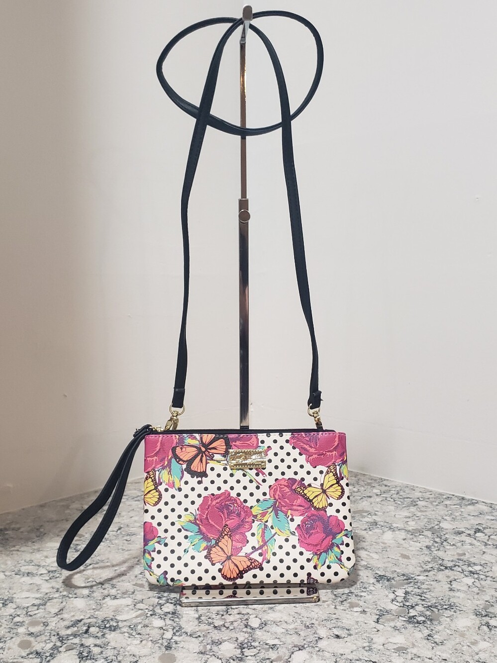 Betsey Johnson White Floral Polka Dot Mini Wristlet Crossbody Bag EUC